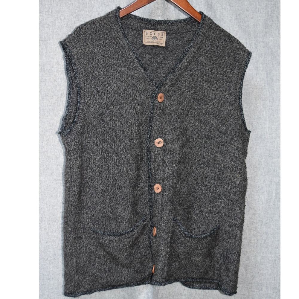 Focus Fashion Italy Wool Blend Textured Button Front Vest – Charcoal Gray – XL